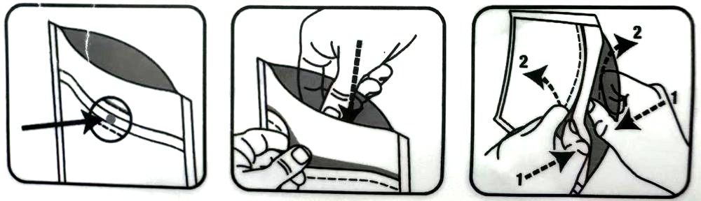 Three steps showing how to open a child-resistant zipper