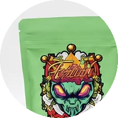 Full-colour printed stand-up mylar pouch with detailed gift-style artwork